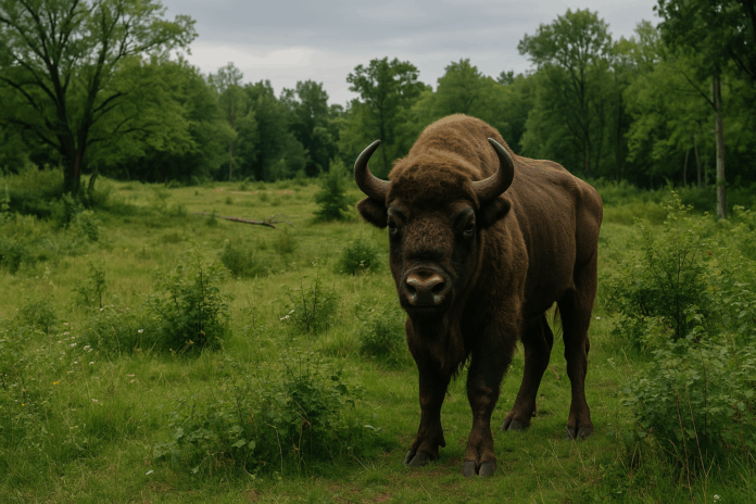 Un bison d’Europe solitaire dans une prairie verdoyante, emblème du réensauvagement et de la biodiversité restaurée.